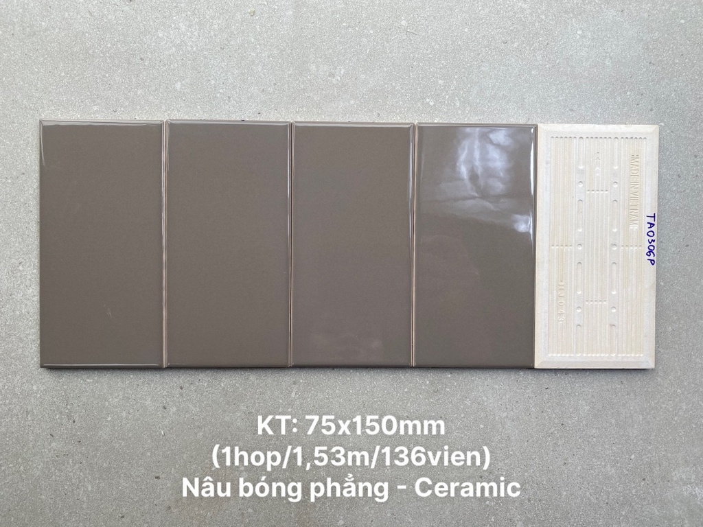 Gạch thẻ nâu bóng phẳng KT 75x150mm TA0306P